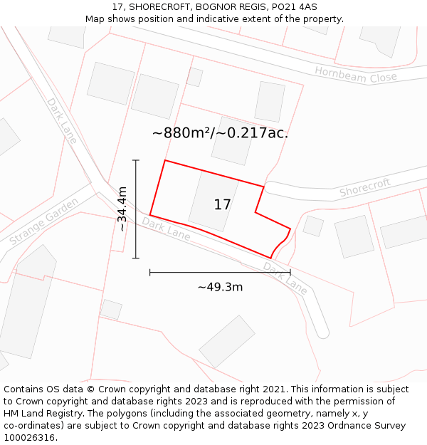 17, SHORECROFT, BOGNOR REGIS, PO21 4AS: Plot and title map