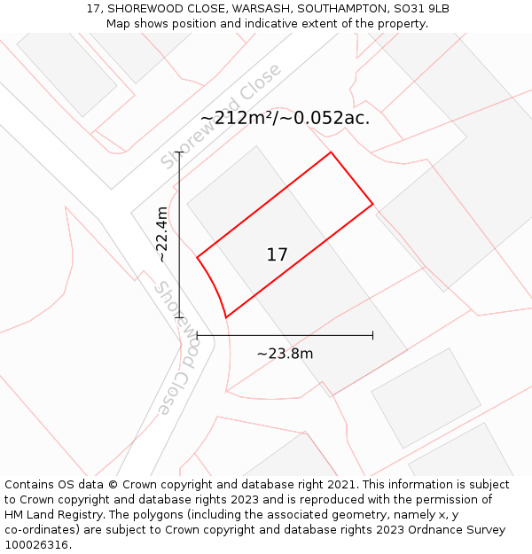 17, SHOREWOOD CLOSE, WARSASH, SOUTHAMPTON, SO31 9LB: Plot and title map