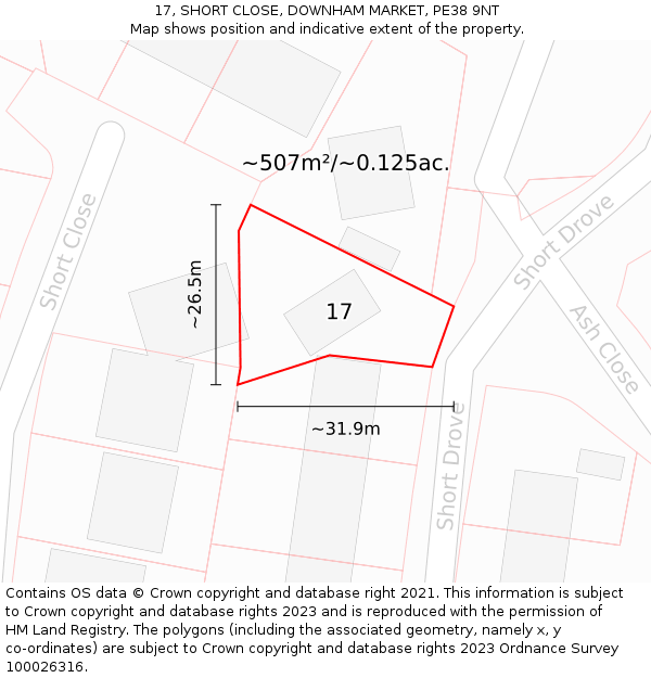 17, SHORT CLOSE, DOWNHAM MARKET, PE38 9NT: Plot and title map