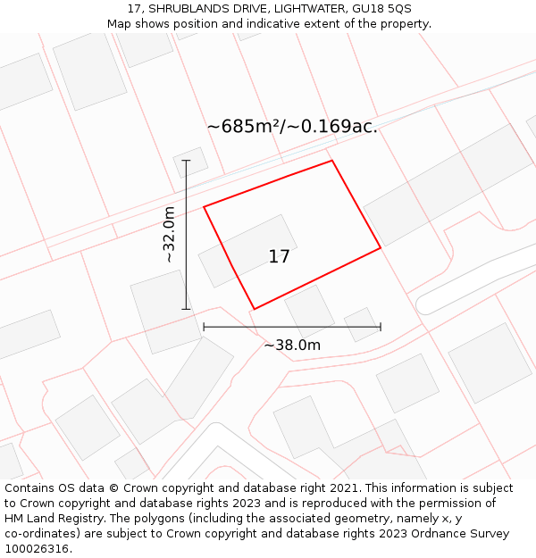 17, SHRUBLANDS DRIVE, LIGHTWATER, GU18 5QS: Plot and title map