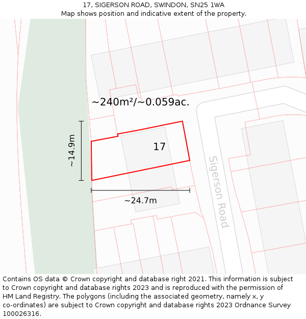 17, SIGERSON ROAD, SWINDON, SN25 1WA: Plot and title map