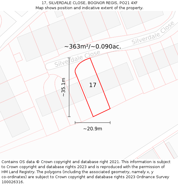 17, SILVERDALE CLOSE, BOGNOR REGIS, PO21 4XF: Plot and title map