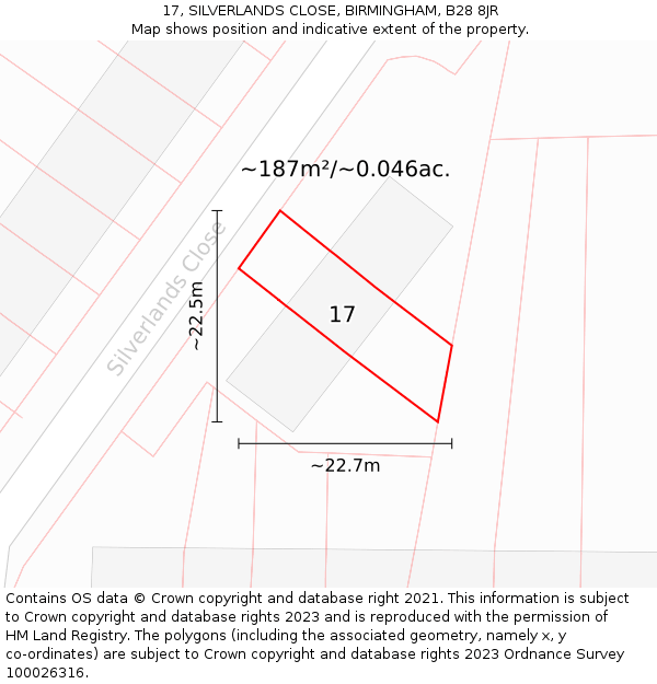 17, SILVERLANDS CLOSE, BIRMINGHAM, B28 8JR: Plot and title map