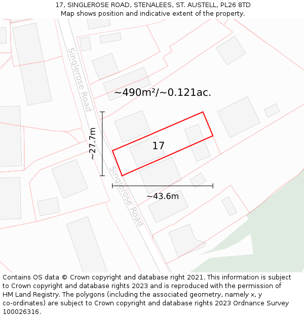 17, SINGLEROSE ROAD, STENALEES, ST. AUSTELL, PL26 8TD: Plot and title map