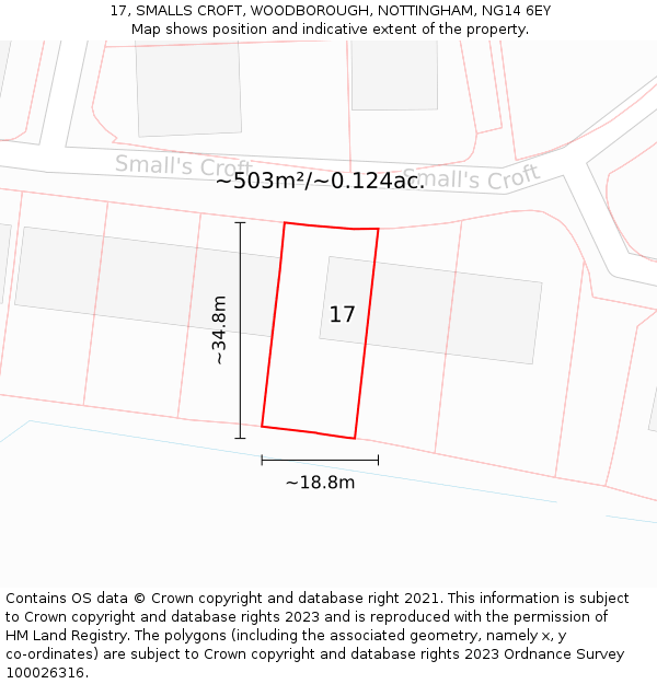 17, SMALLS CROFT, WOODBOROUGH, NOTTINGHAM, NG14 6EY: Plot and title map