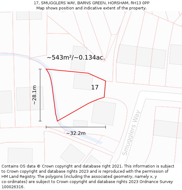 17, SMUGGLERS WAY, BARNS GREEN, HORSHAM, RH13 0PP: Plot and title map