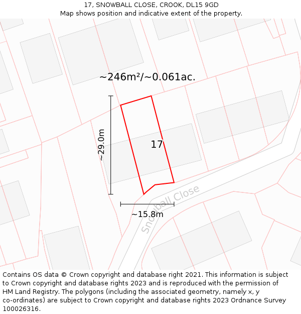 17, SNOWBALL CLOSE, CROOK, DL15 9GD: Plot and title map