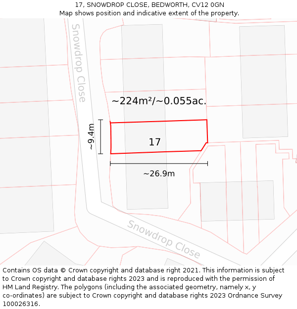 17, SNOWDROP CLOSE, BEDWORTH, CV12 0GN: Plot and title map