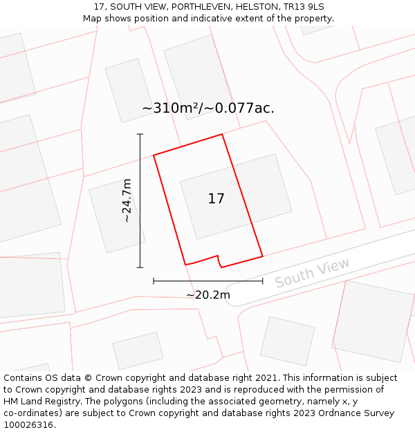 17, SOUTH VIEW, PORTHLEVEN, HELSTON, TR13 9LS: Plot and title map