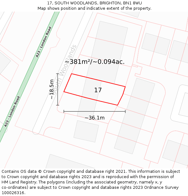 17, SOUTH WOODLANDS, BRIGHTON, BN1 8WU: Plot and title map