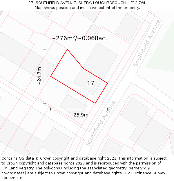 17, SOUTHFIELD AVENUE, SILEBY, LOUGHBOROUGH, LE12 7WL: Plot and title map