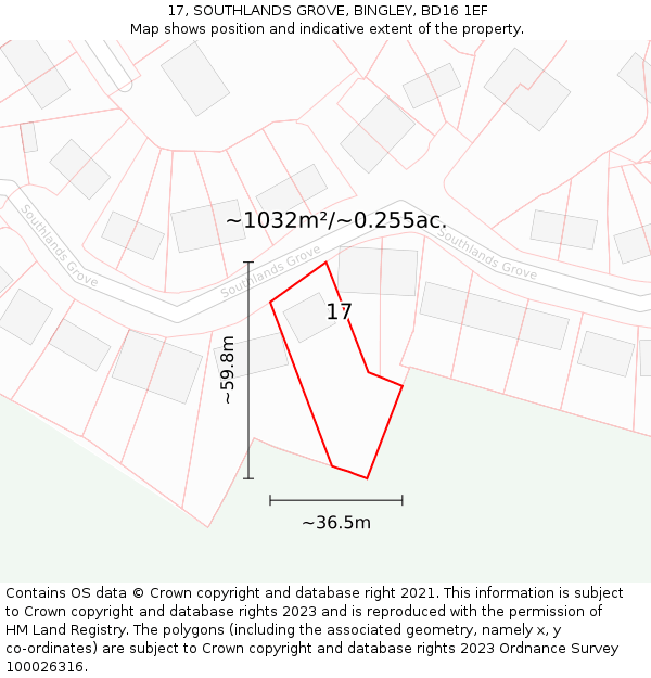 17, SOUTHLANDS GROVE, BINGLEY, BD16 1EF: Plot and title map