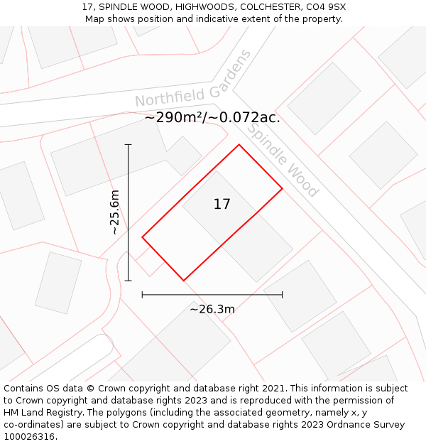 17, SPINDLE WOOD, HIGHWOODS, COLCHESTER, CO4 9SX: Plot and title map