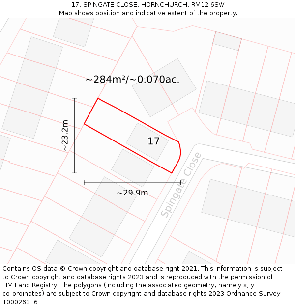 17, SPINGATE CLOSE, HORNCHURCH, RM12 6SW: Plot and title map