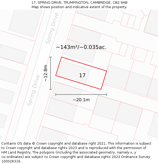 17, SPRING DRIVE, TRUMPINGTON, CAMBRIDGE, CB2 9AB: Plot and title map