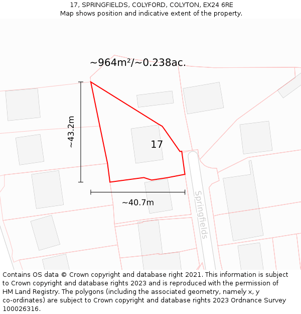 17, SPRINGFIELDS, COLYFORD, COLYTON, EX24 6RE: Plot and title map