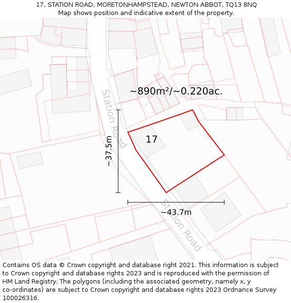 17, STATION ROAD, MORETONHAMPSTEAD, NEWTON ABBOT, TQ13 8NQ: Plot and title map