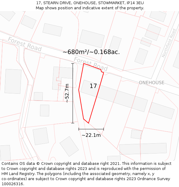 17, STEARN DRIVE, ONEHOUSE, STOWMARKET, IP14 3EU: Plot and title map