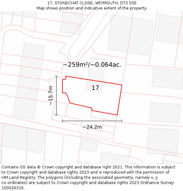 17, STONECHAT CLOSE, WEYMOUTH, DT3 5SE: Plot and title map