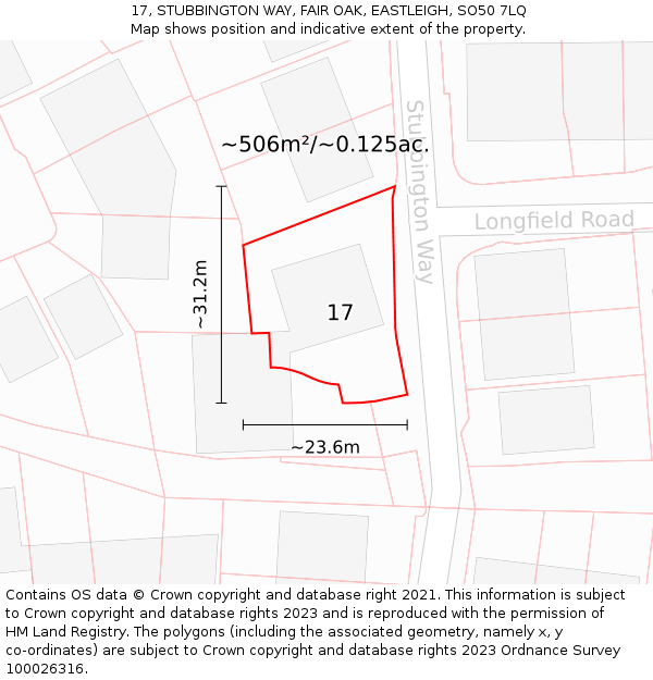 17, STUBBINGTON WAY, FAIR OAK, EASTLEIGH, SO50 7LQ: Plot and title map