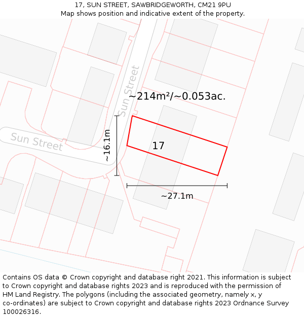 17, SUN STREET, SAWBRIDGEWORTH, CM21 9PU: Plot and title map