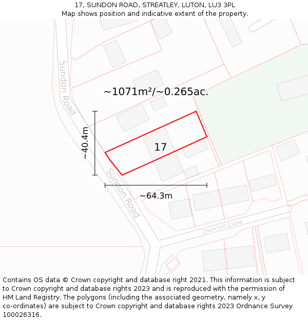 17, SUNDON ROAD, STREATLEY, LUTON, LU3 3PL: Plot and title map