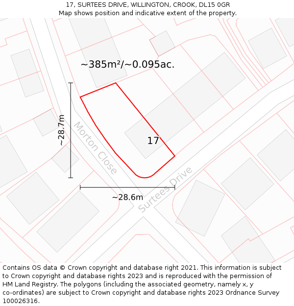 17, SURTEES DRIVE, WILLINGTON, CROOK, DL15 0GR: Plot and title map