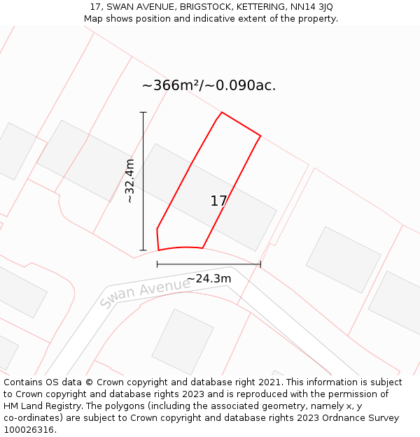 17, SWAN AVENUE, BRIGSTOCK, KETTERING, NN14 3JQ: Plot and title map