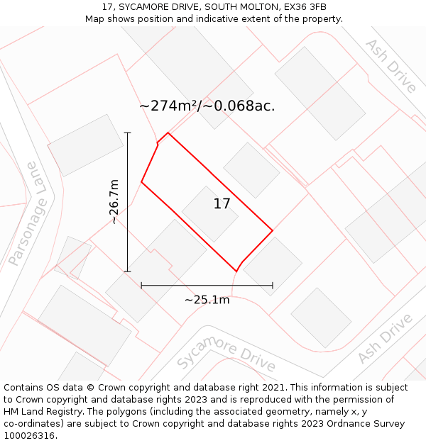 17, SYCAMORE DRIVE, SOUTH MOLTON, EX36 3FB: Plot and title map