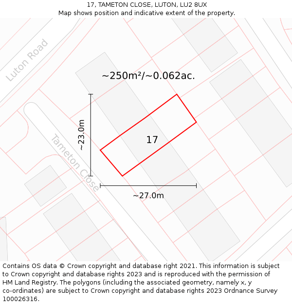 17, TAMETON CLOSE, LUTON, LU2 8UX: Plot and title map