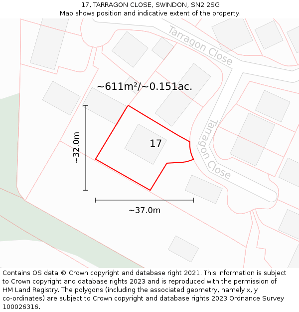 17, TARRAGON CLOSE, SWINDON, SN2 2SG: Plot and title map