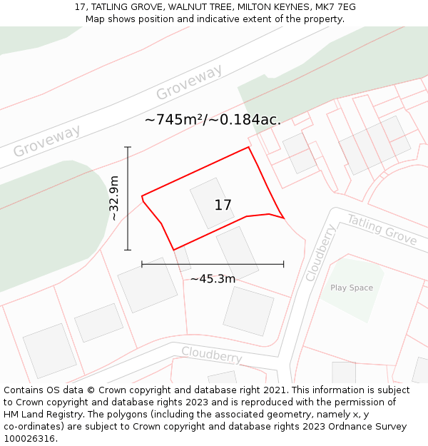 17, TATLING GROVE, WALNUT TREE, MILTON KEYNES, MK7 7EG: Plot and title map