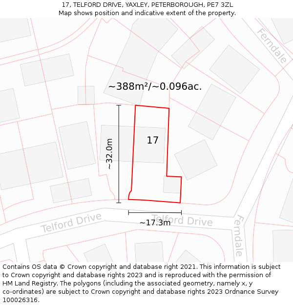 17, TELFORD DRIVE, YAXLEY, PETERBOROUGH, PE7 3ZL: Plot and title map