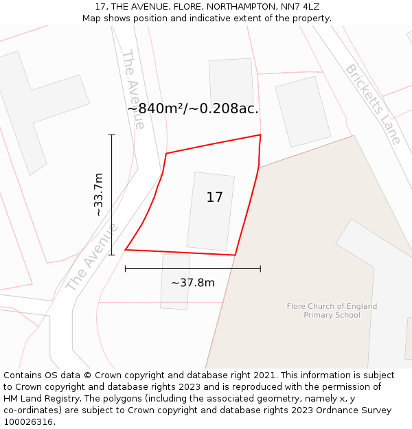 17, THE AVENUE, FLORE, NORTHAMPTON, NN7 4LZ: Plot and title map