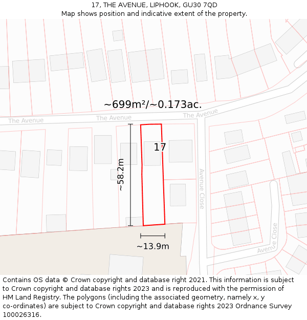 17, THE AVENUE, LIPHOOK, GU30 7QD: Plot and title map