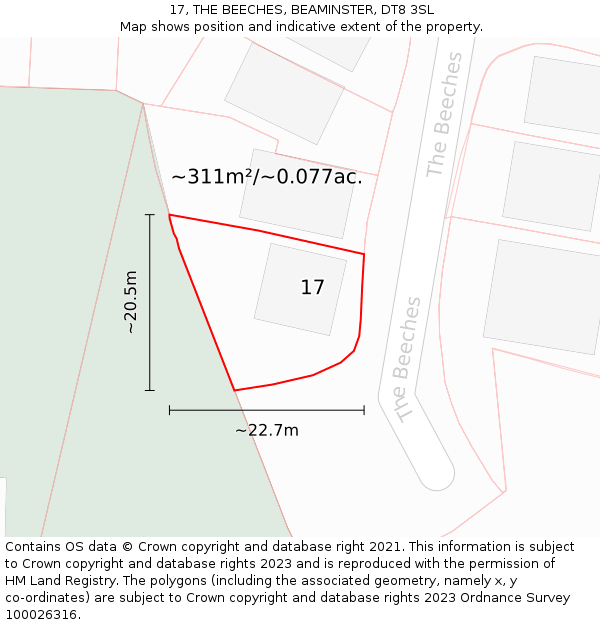 17, THE BEECHES, BEAMINSTER, DT8 3SL: Plot and title map