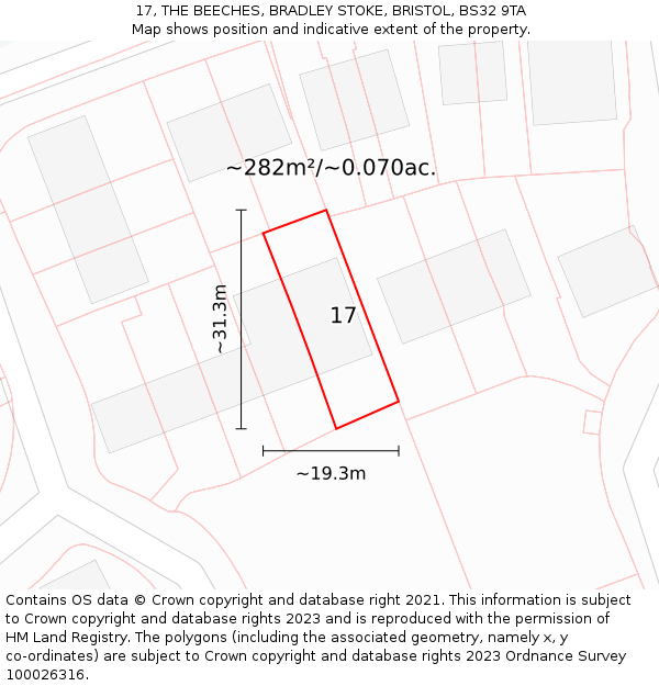 17, THE BEECHES, BRADLEY STOKE, BRISTOL, BS32 9TA: Plot and title map