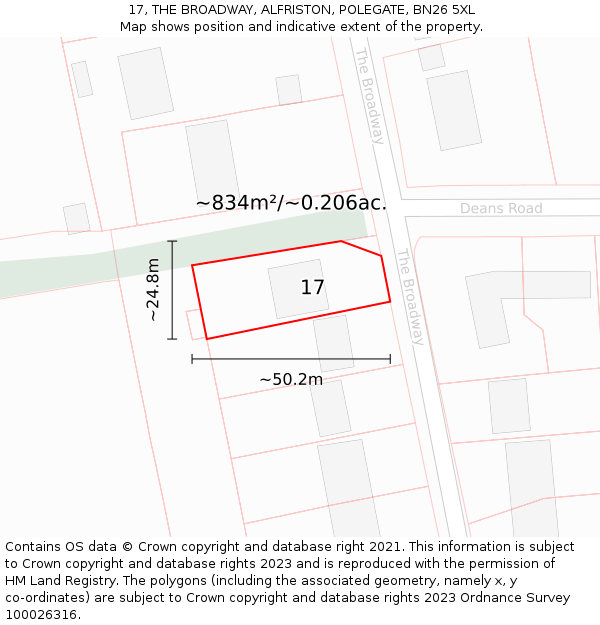 17, THE BROADWAY, ALFRISTON, POLEGATE, BN26 5XL: Plot and title map