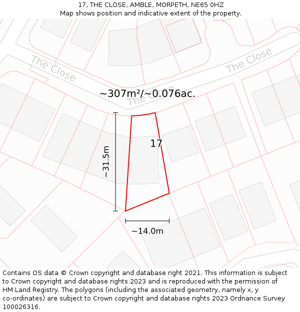 17, THE CLOSE, AMBLE, MORPETH, NE65 0HZ: Plot and title map