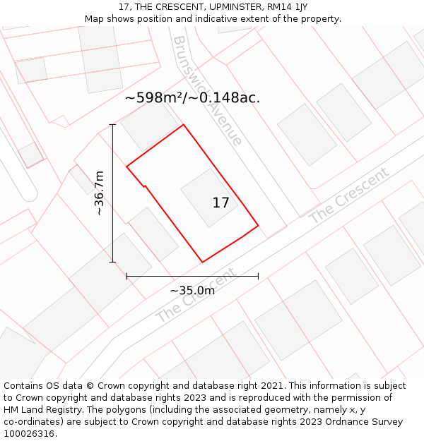 17, THE CRESCENT, UPMINSTER, RM14 1JY: Plot and title map