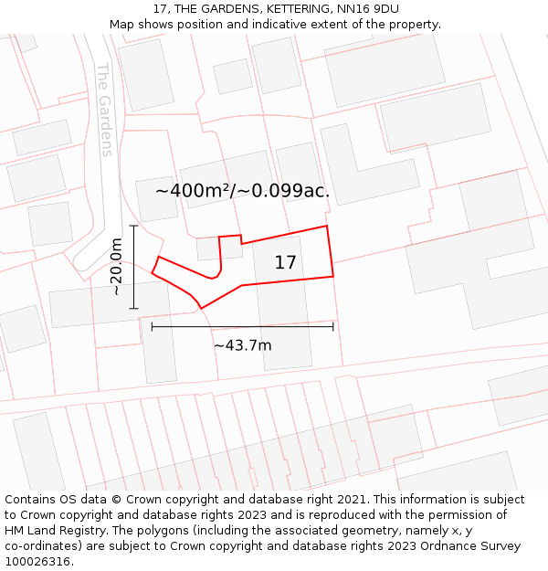 17, THE GARDENS, KETTERING, NN16 9DU: Plot and title map