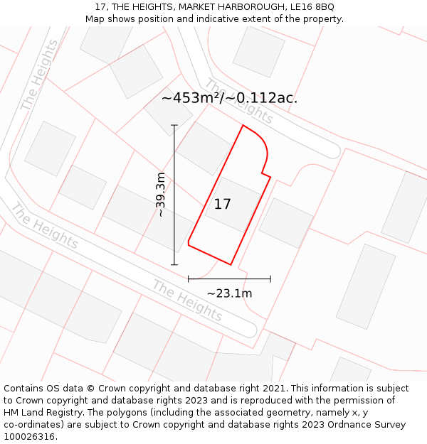 17, THE HEIGHTS, MARKET HARBOROUGH, LE16 8BQ: Plot and title map