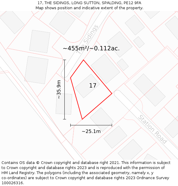 17, THE SIDINGS, LONG SUTTON, SPALDING, PE12 9FA: Plot and title map
