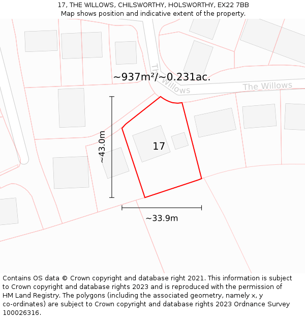 17, THE WILLOWS, CHILSWORTHY, HOLSWORTHY, EX22 7BB: Plot and title map