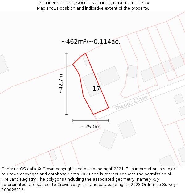 17, THEPPS CLOSE, SOUTH NUTFIELD, REDHILL, RH1 5NX: Plot and title map