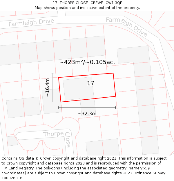 17, THORPE CLOSE, CREWE, CW1 3QF: Plot and title map