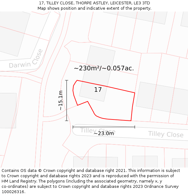 17, TILLEY CLOSE, THORPE ASTLEY, LEICESTER, LE3 3TD: Plot and title map