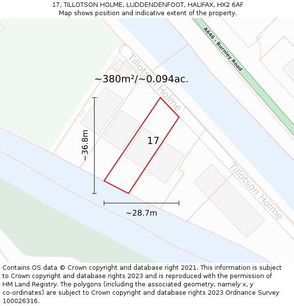 17, TILLOTSON HOLME, LUDDENDENFOOT, HALIFAX, HX2 6AF: Plot and title map