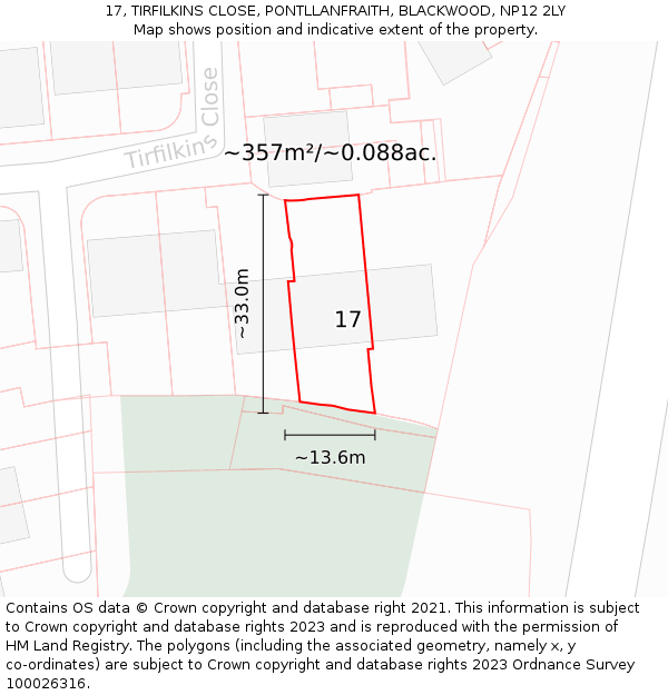 17, TIRFILKINS CLOSE, PONTLLANFRAITH, BLACKWOOD, NP12 2LY: Plot and title map