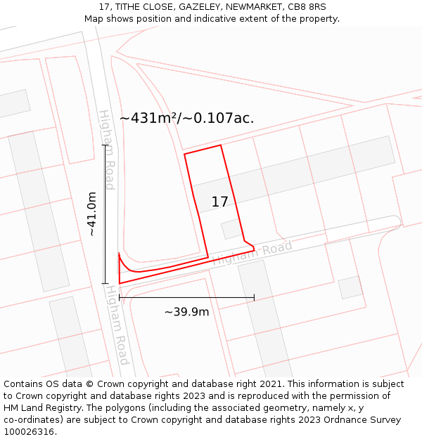 17, TITHE CLOSE, GAZELEY, NEWMARKET, CB8 8RS: Plot and title map